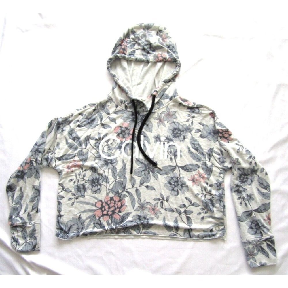 Calvin Klein Floral Cropped Hoodie in Light Gray, Pink and Blue